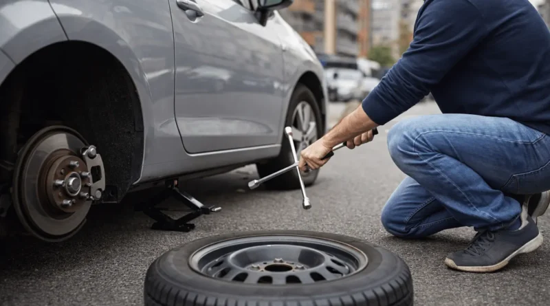 motorista trocando pneu do carro na rua utilizando chave de roda durante troca de pneu com segurança