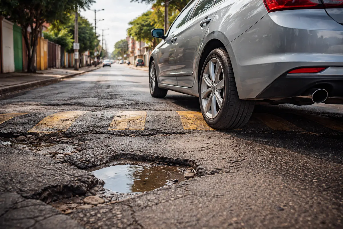 Carro passando por buraco na rua que pode danificar pneus e suspensão