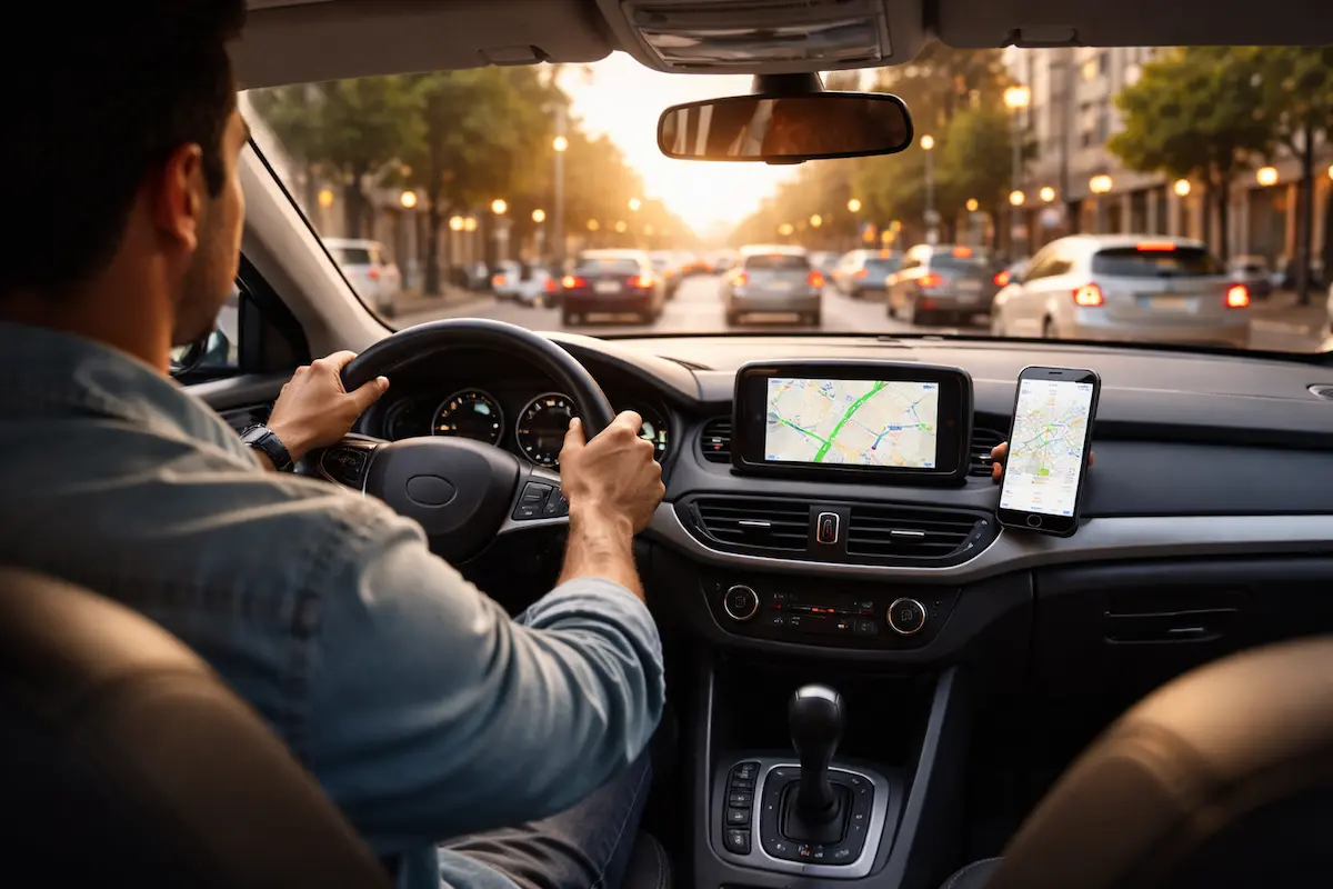 Motorista dirigindo carro no trânsito urbano durante o fim da tarde