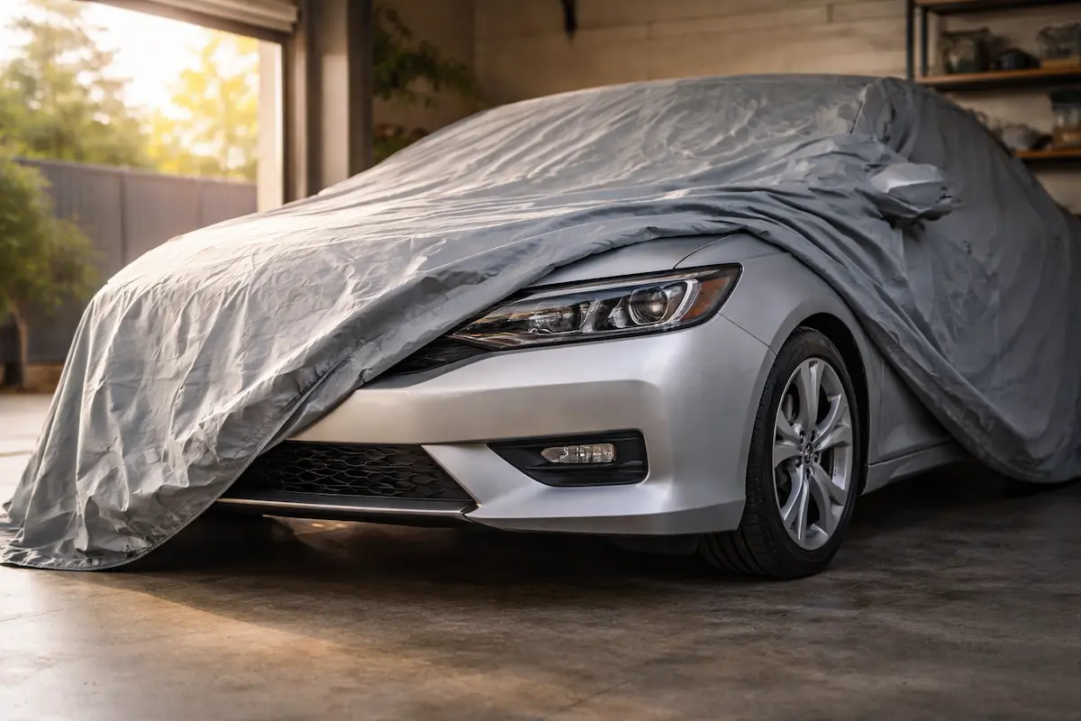 Carro coberto parado na garagem por muito tempo para evitar danos