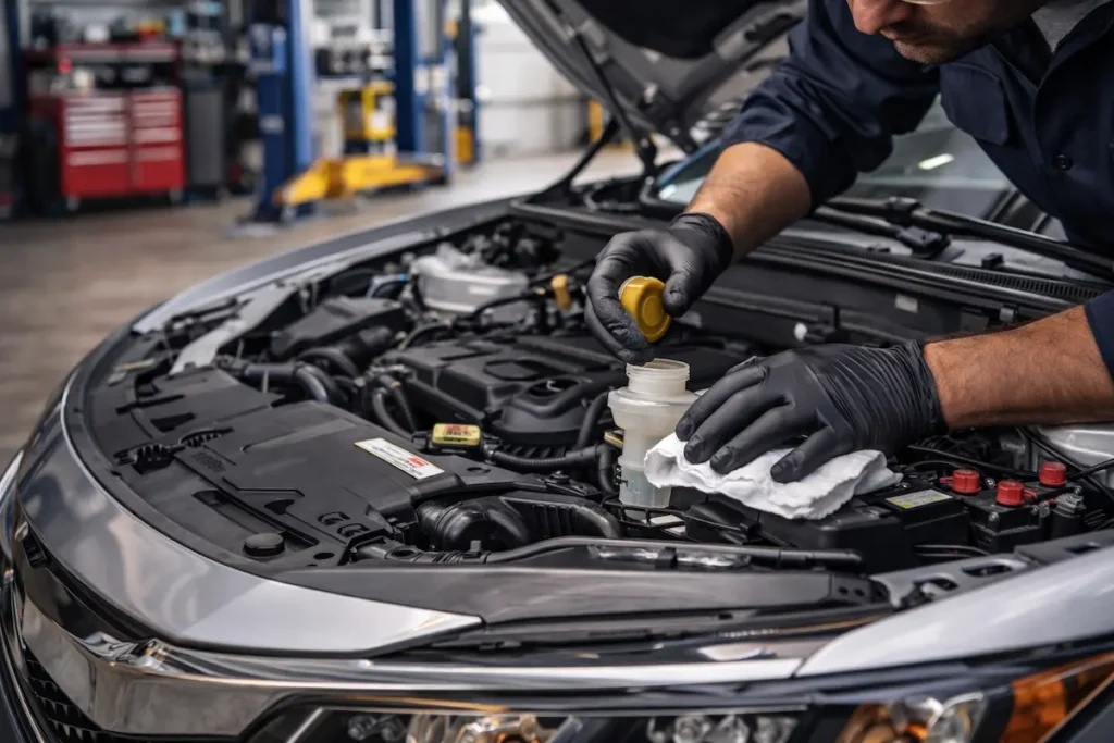 mecânico verificando fluídos do motor com capô aberto durante manutenção preventiva em carro parado por muito tempo