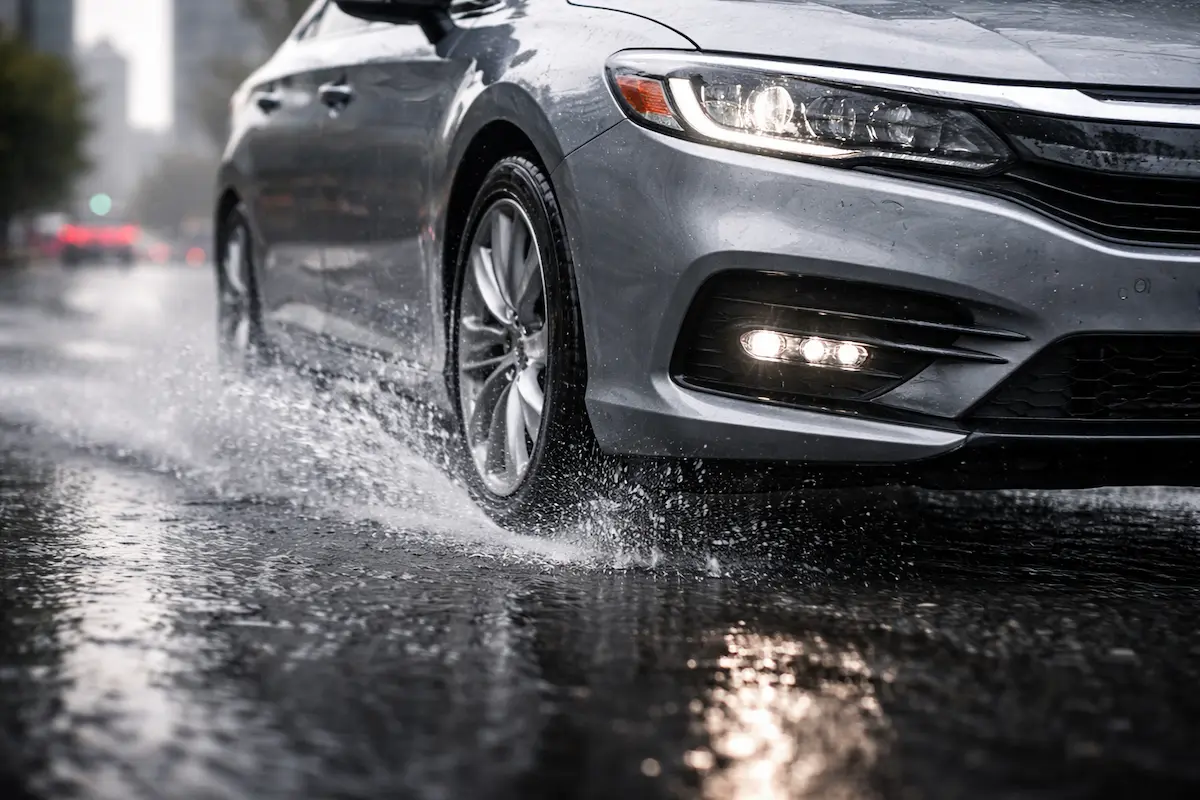 Carro rodando na chuva com pneus garantindo aderência em pista molhada