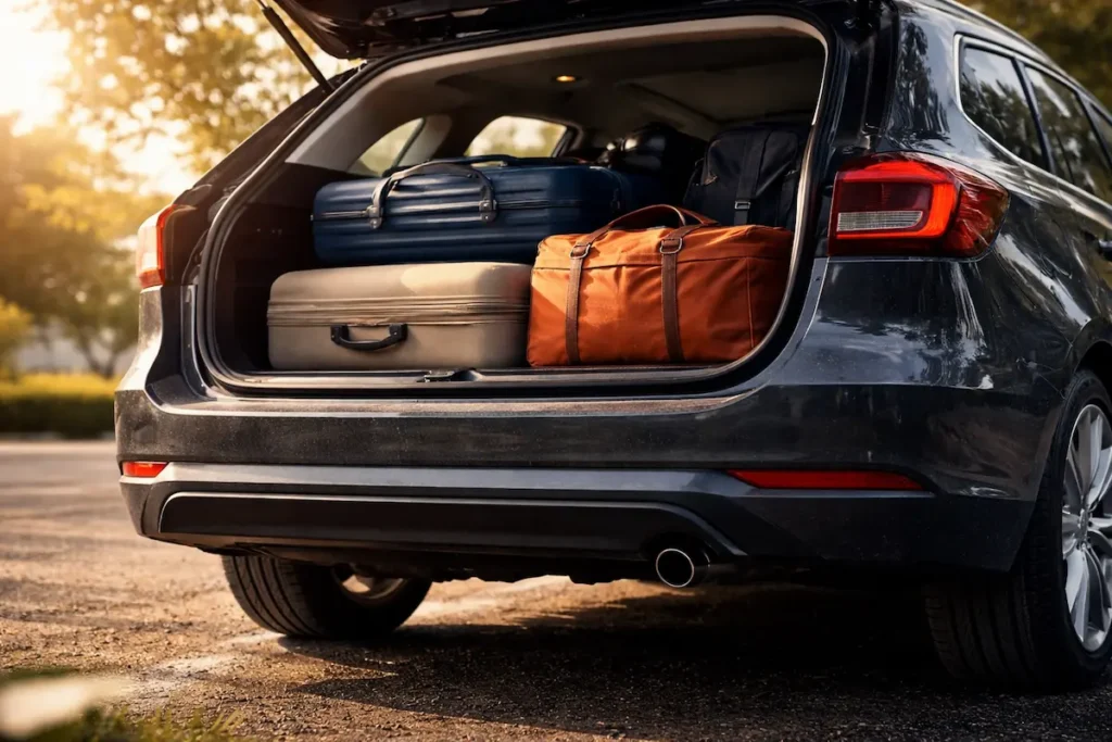 carro carregado para viagem mostrando importância da calibragem correta dos pneus com carga