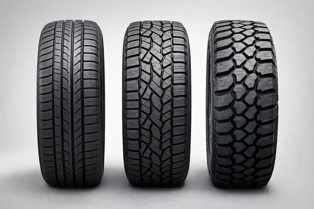 padrões de banda de rodagem de pneus HT, AT e MT lado a lado mostrando diferenças de desenho e agressividade