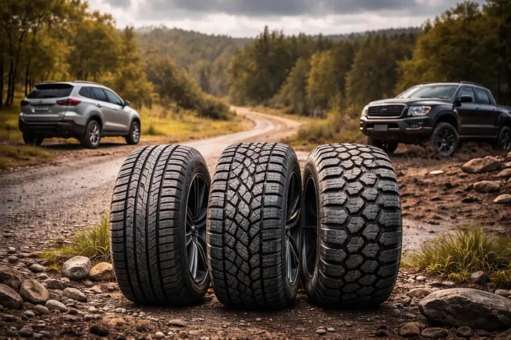 Pneus novos preparados para viagem em estrada de terra