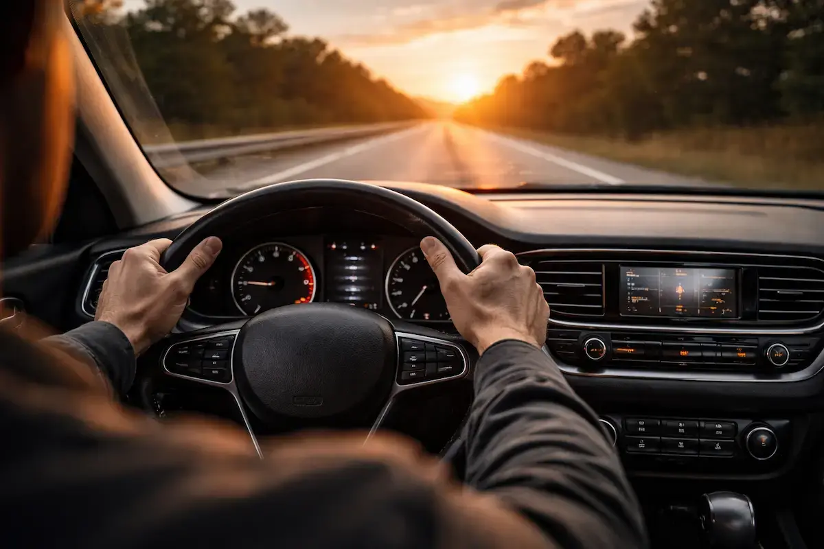 Motorista dirigindo carro em rodovia durante viagem com segurança