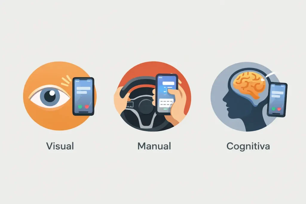 Ilustração mostrando os três tipos de distração causados pelo celular ao dirigir: visual, manual e cognitiva, representando os riscos do uso do telefone no trânsito