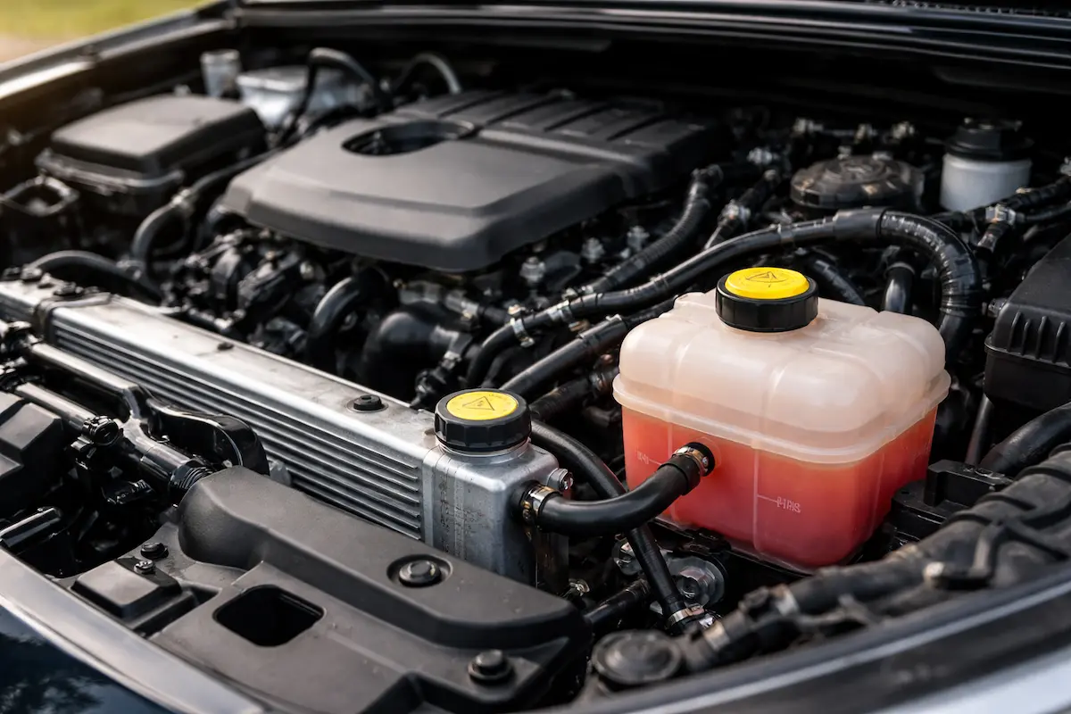 Reservatório de líquido de arrefecimento no motor do carro em manutenção preventiva