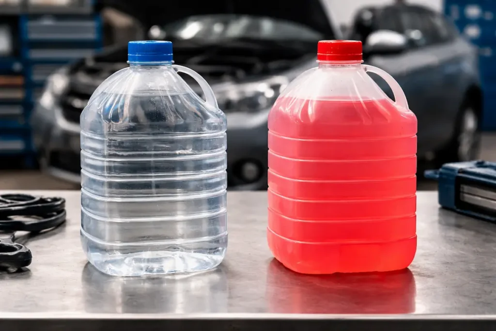 Galões de água e fluido de arrefecimento sobre bancada de oficina com carro ao fundo, ilustrando diferença entre água comum e aditivo de radiador