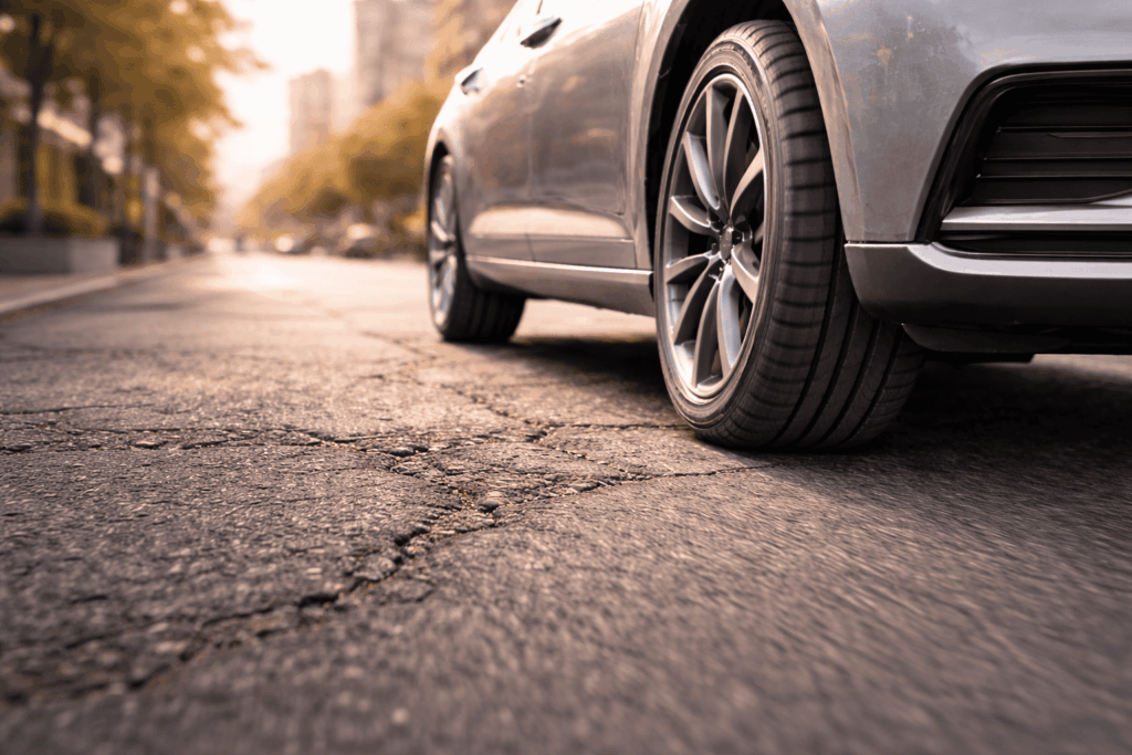 pneus confortáveis rodando em asfalto urbano irregular mostrando foco em conforto na cidade