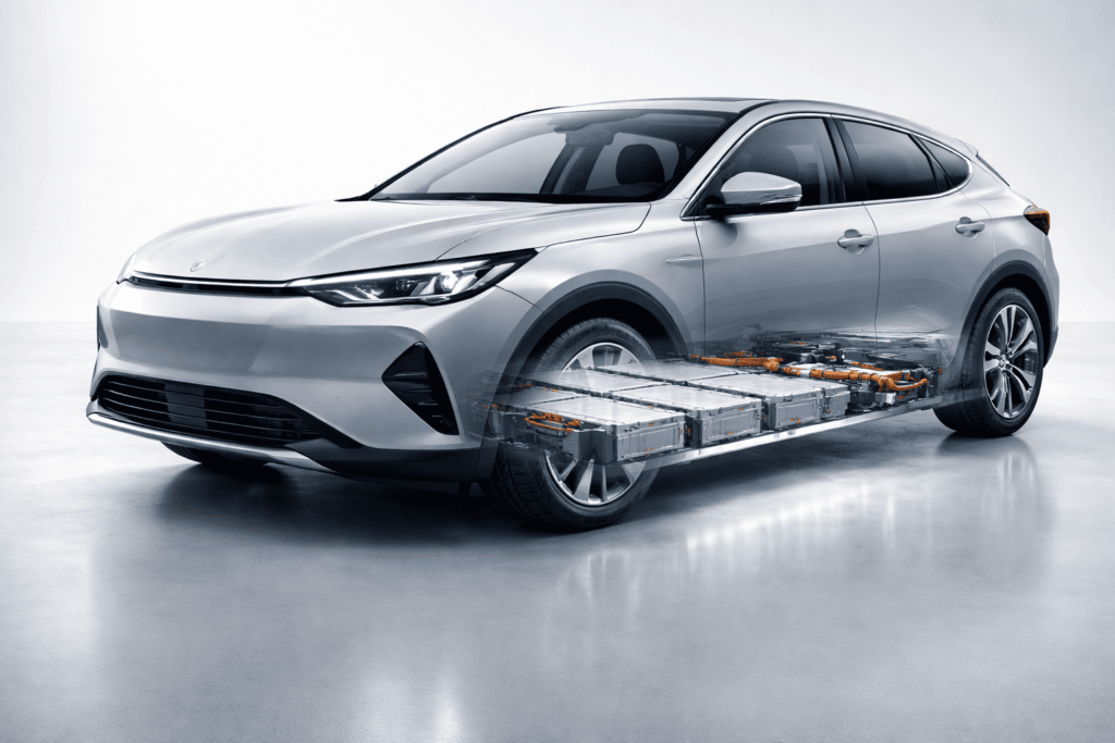 bateria de carro elétrico instalada no assoalho do veículo mostrando o conjunto de módulos de energia