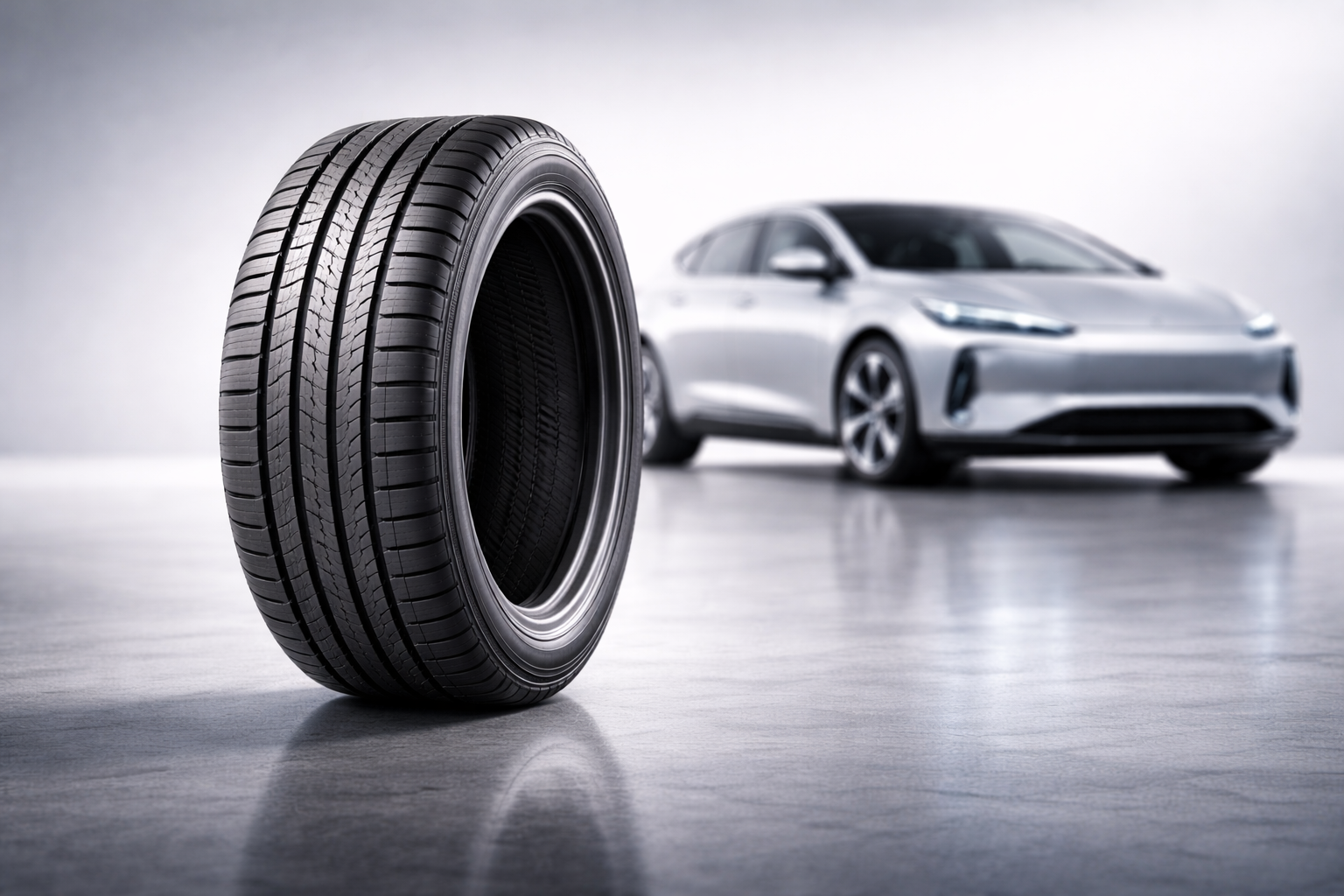 Pneu para carro elétrico ao lado de veículo elétrico moderno