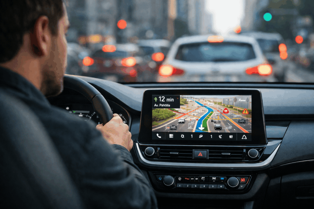 Motorista usando aplicativo de navegação no painel do carro em trânsito urbano