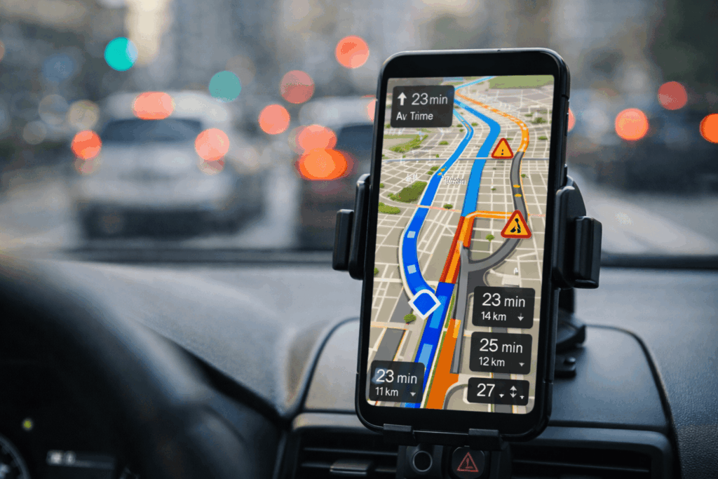 Aplicativo de navegação no celular fixado no painel do carro indicando rota no trânsito