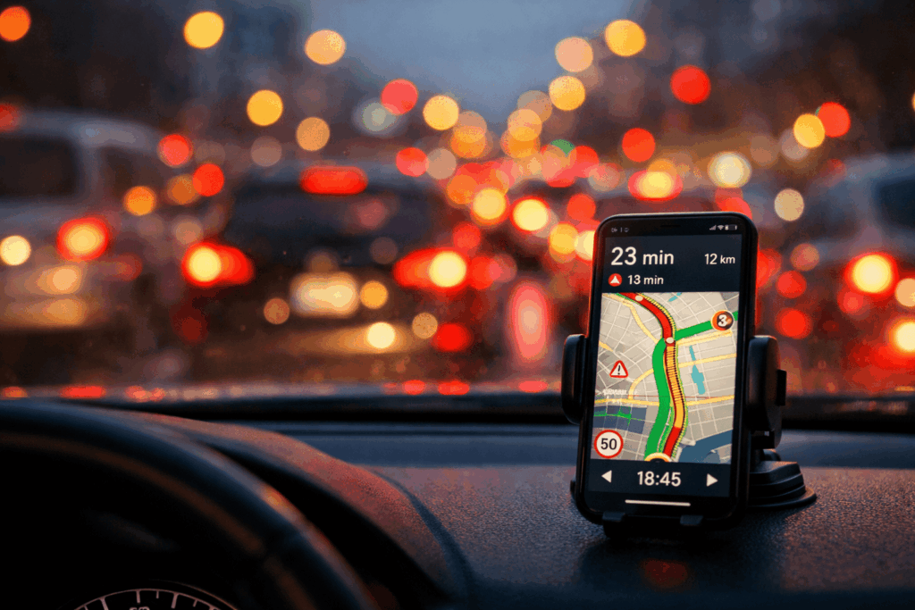 Aplicativo de trânsito no celular mostrando rota em tempo real no trânsito urbano