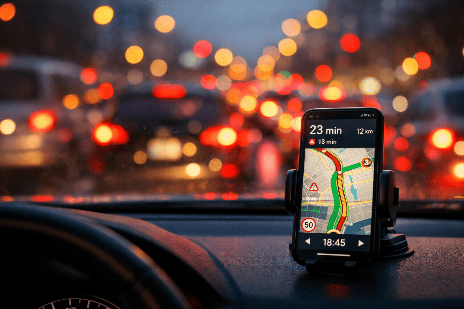 Aplicativo de trânsito no celular mostrando rota em tempo real no trânsito urbano