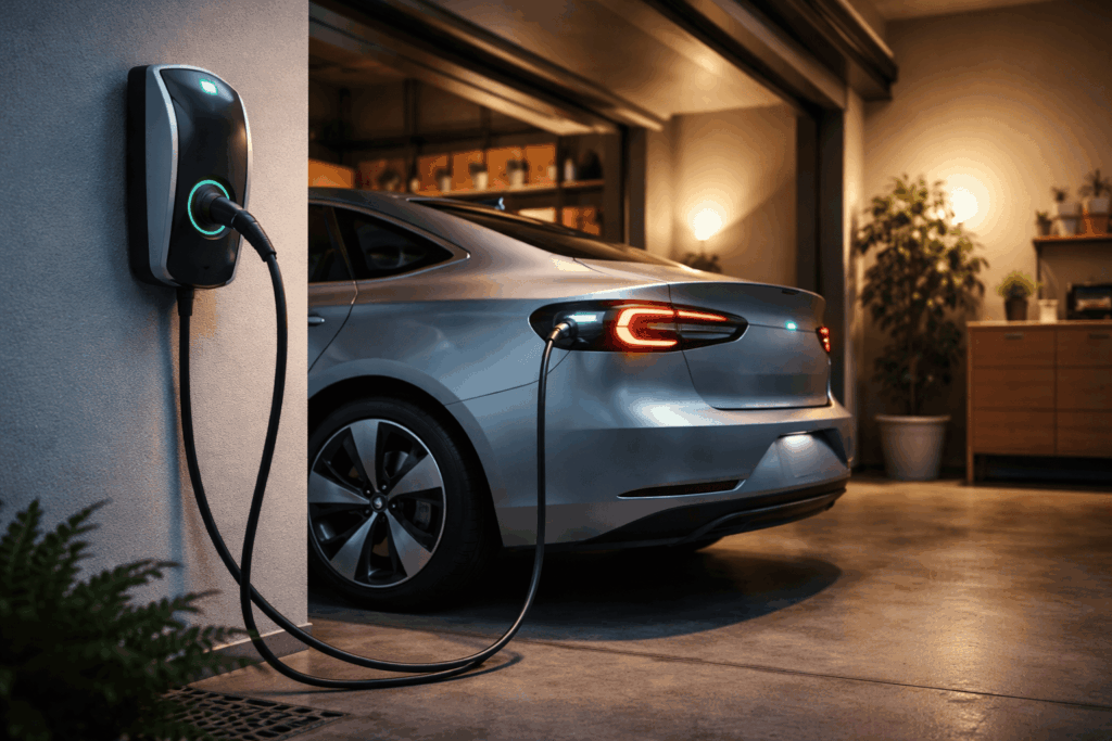 Carro elétrico carregando em garagem residencial com wallbox
