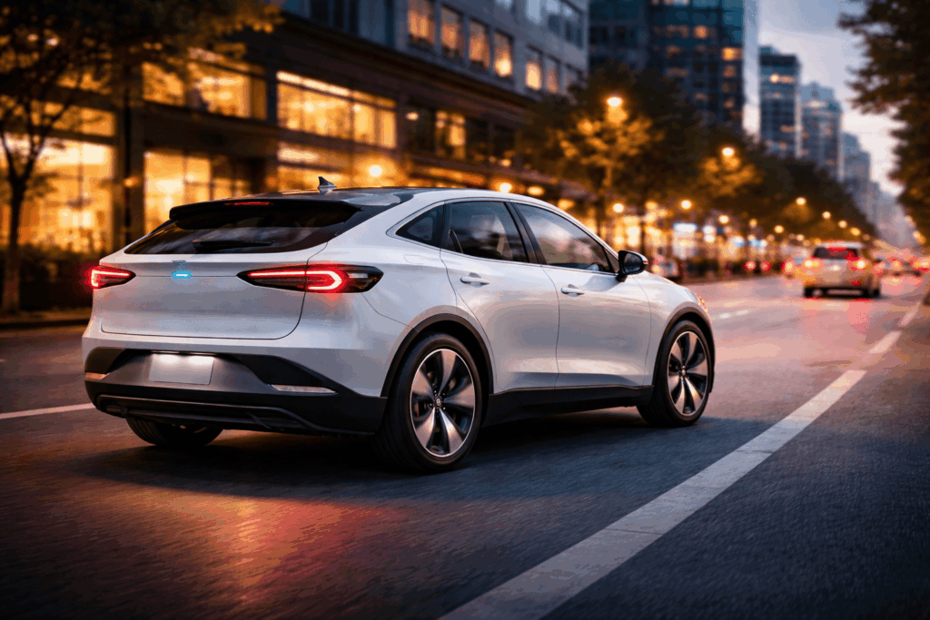 Carro elétrico circulando na cidade ilustrando vantagens e desvantagens dos veículos elétricos