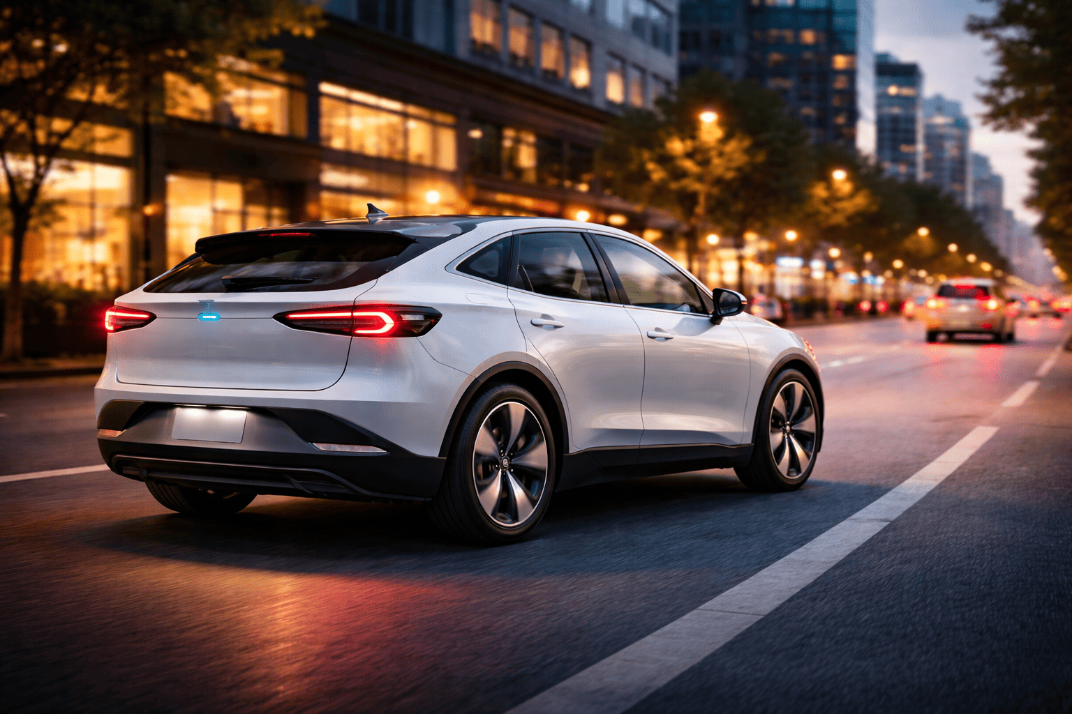 Carro elétrico circulando na cidade ilustrando vantagens e desvantagens dos veículos elétricos