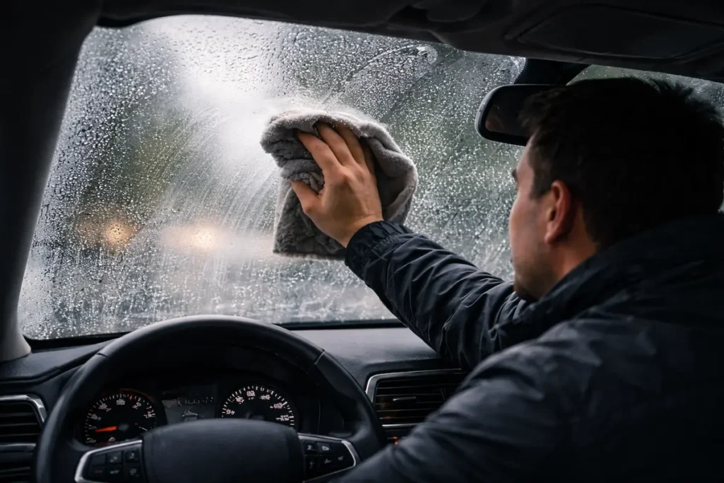 Motorista limpando o para-brisa embaçado por dentro com pano, mostrando como desembacar o vidro do carro de forma rápida e segura em dia úmido.