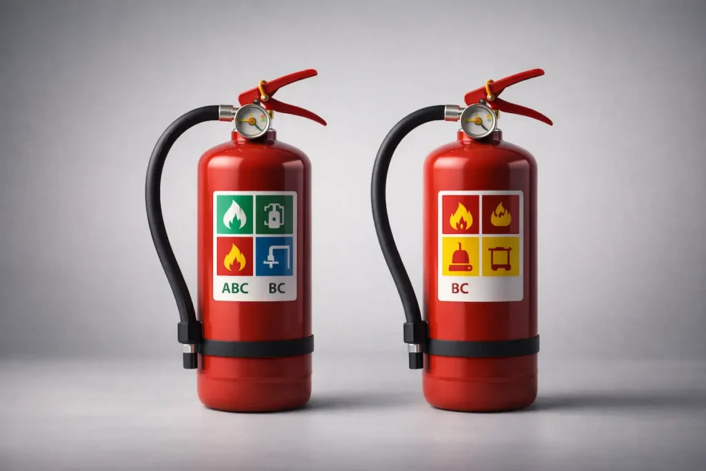 Extintores de incêndio automotivos dos tipos ABC e BC, ilustrando as normas sobre obrigatoriedade do extintor no carro e as diferenças entre classes de combate a fogo.