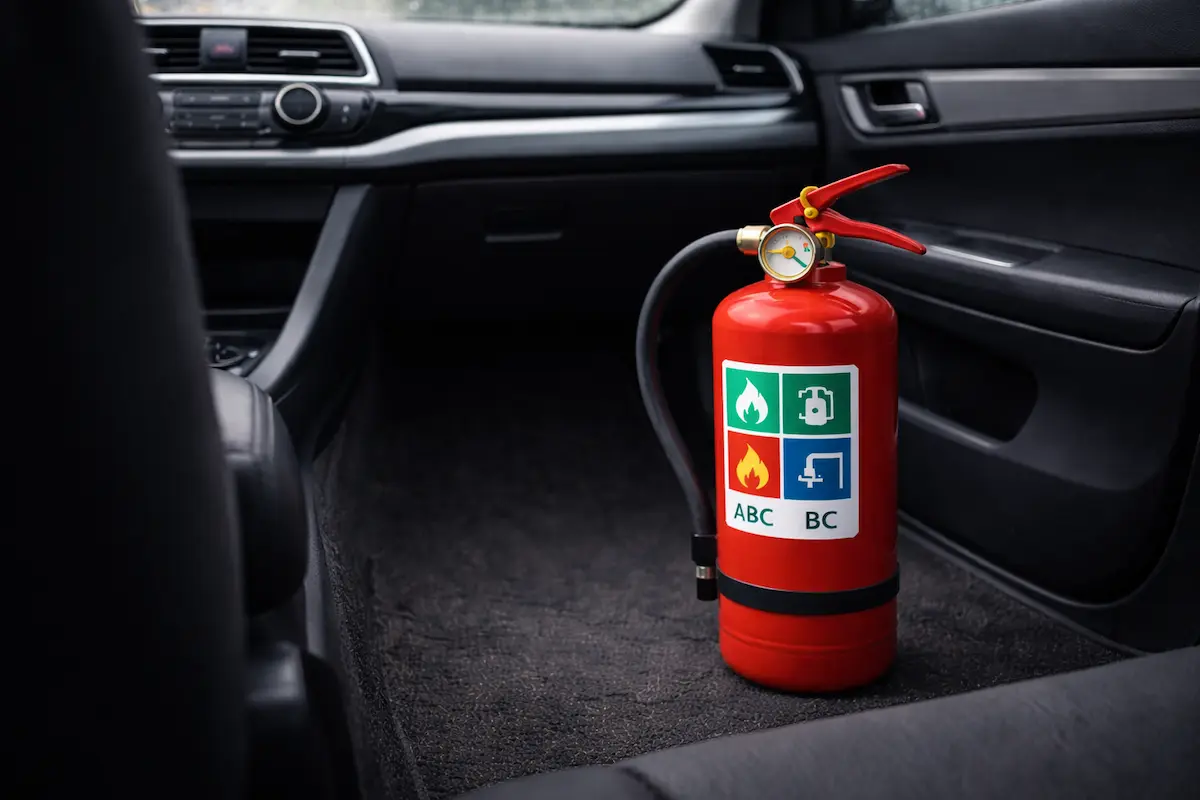 Extintor de incêndio dentro do carro conforme regras atuais de trânsito