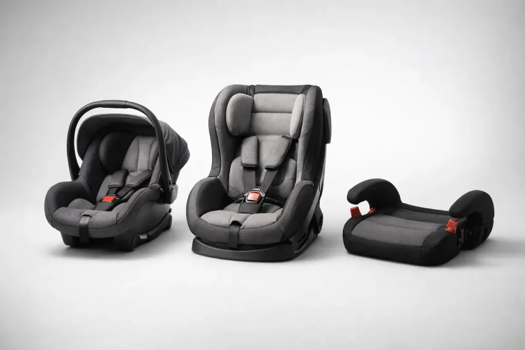 Modelos de cadeirinha de bebê para carro — bebê conforto, cadeirinha infantil e assento de elevação — ilustrando as regras atualizadas de segurança e uso por faixa etária.