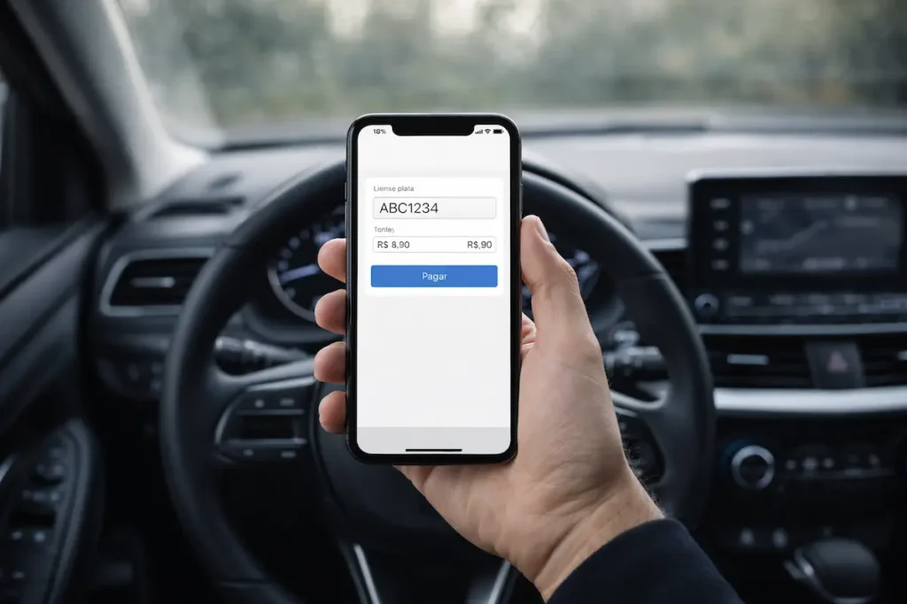 Motorista utilizando aplicativo no celular para consultar placa e pagar pedágio Free Flow no Brasil de forma digital e sem parar o veículo.