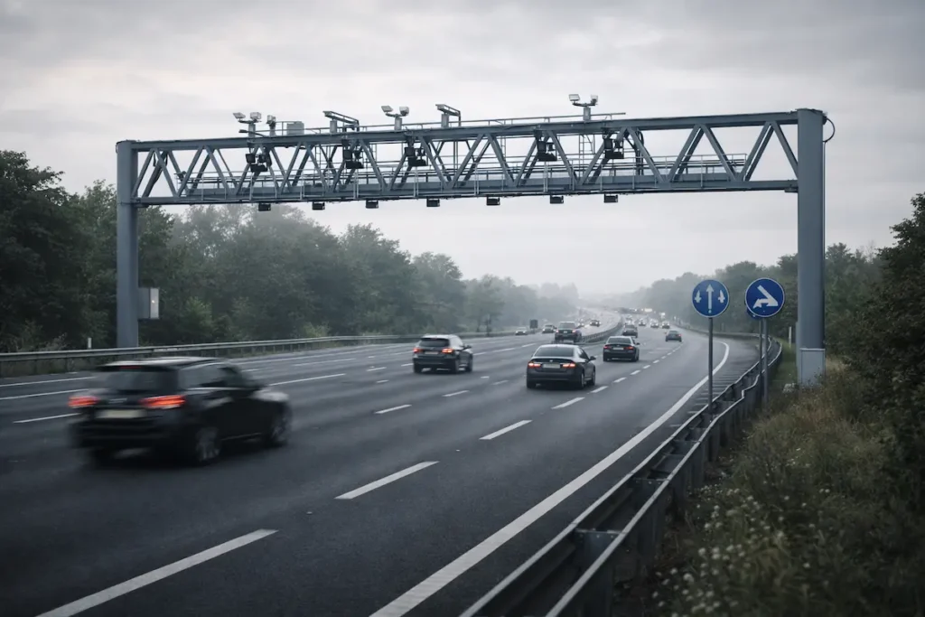 Sistema de pedágio Free Flow no Brasil com pórtico eletrônico e câmeras identificando veículos em rodovia sem praças de pedágio.
