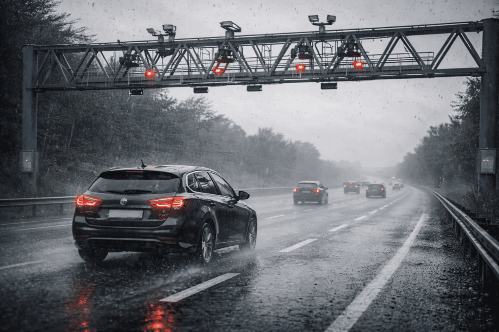 Veículo passando por pórtico de pedágio Free Flow em rodovia sob chuva