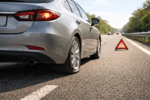 Carro parado no acostamento com triângulo após pneu furado