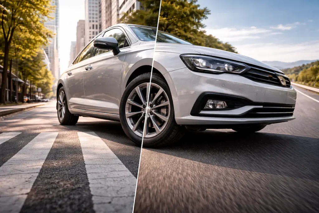 Carro em comparação entre uso urbano e rodoviário destacando estabilidade e desempenho dos pneus