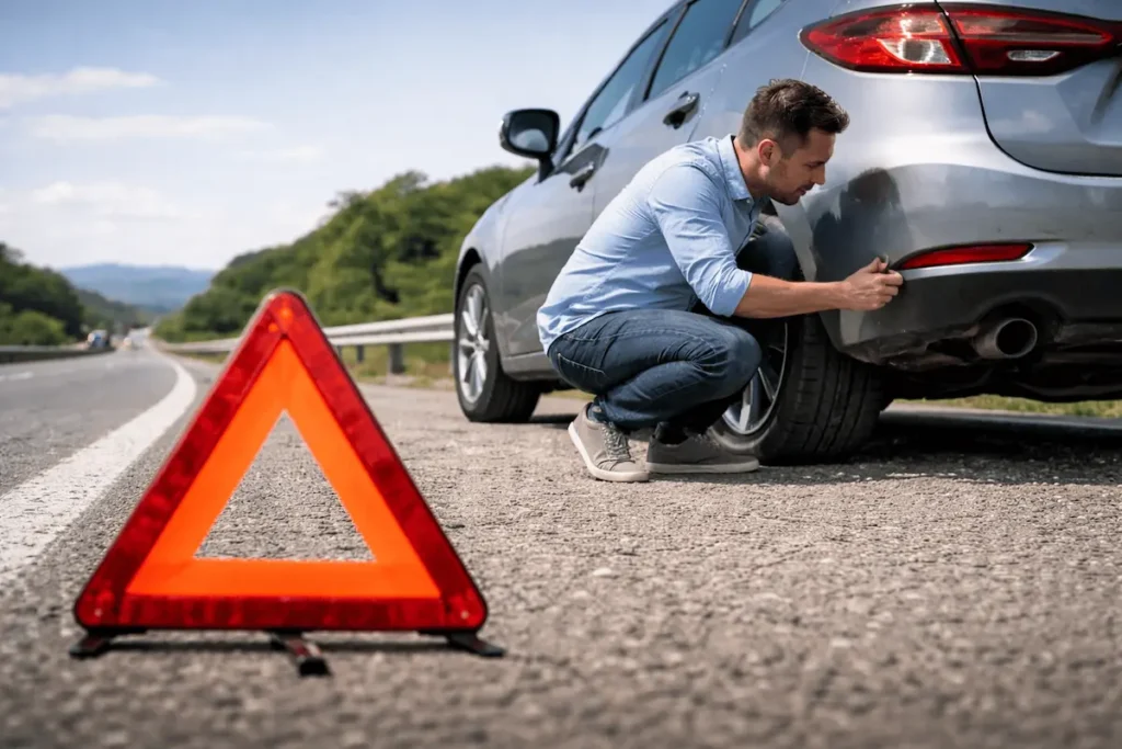 Motorista com carro parado no acostamento usando triângulo após pneu furado, situação onde o pneu Run Flat evita troca imediata