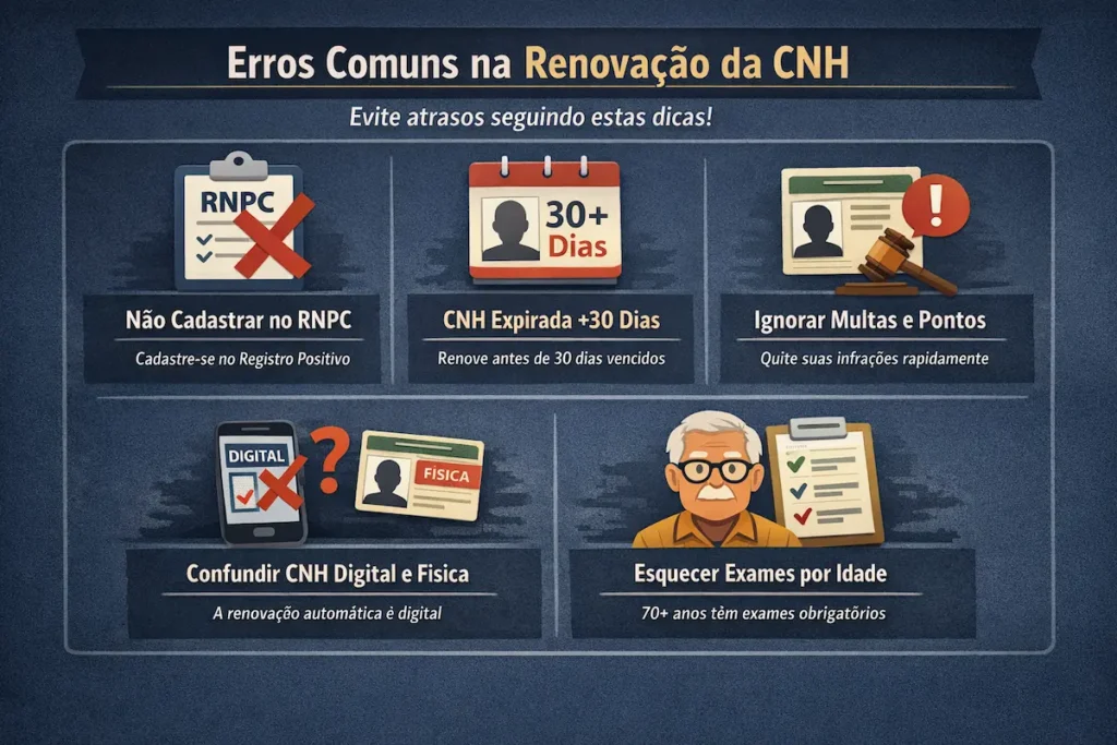 Infográfico mostrando erros comuns na renovação da CNH, incluindo falta de cadastro no RNPC, CNH vencida há mais de 30 dias, multas, confusão entre CNH digital e física e exames por idade.