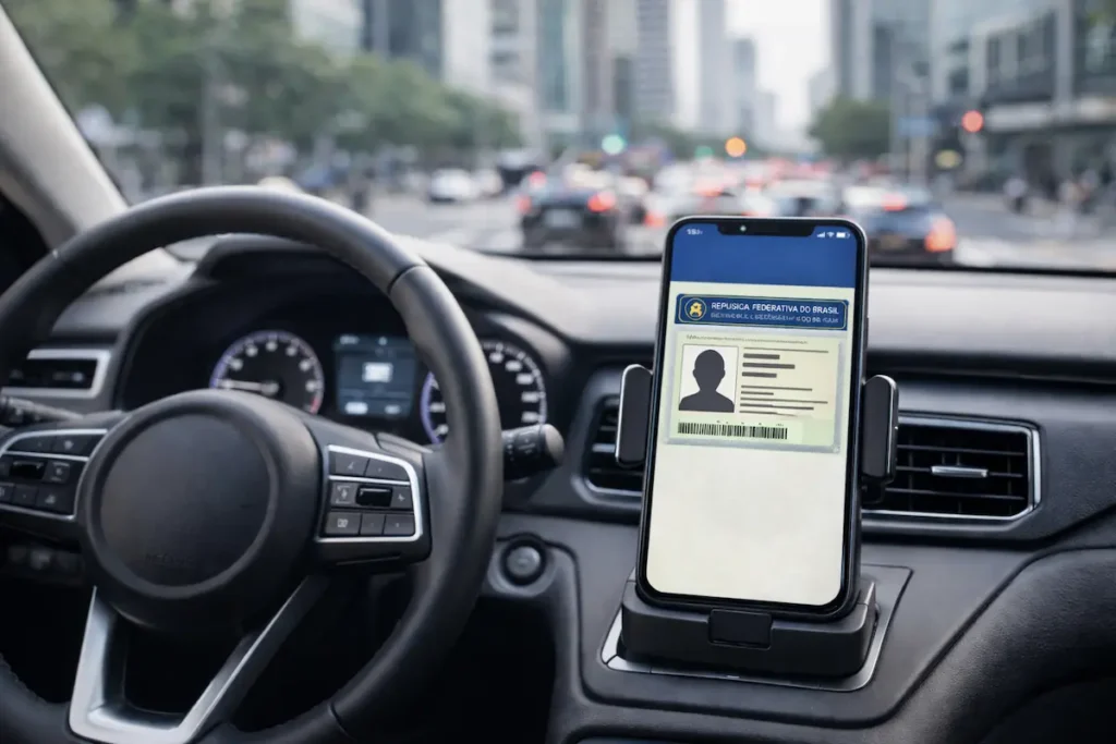 Celular com aplicativo de serviços de trânsito no painel do veículo