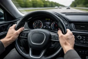 Motorista segurando volante com possível direção vibrando durante condução