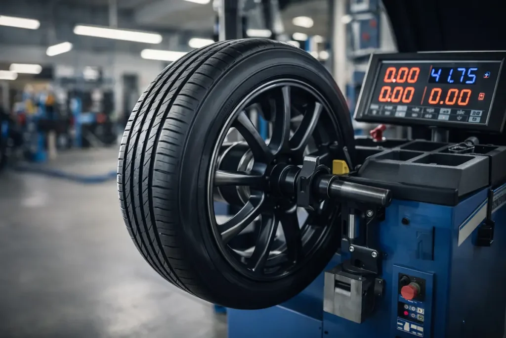 Direção vibrando causada por roda desbalanceada sendo ajustada em máquina de balanceamento automotivo