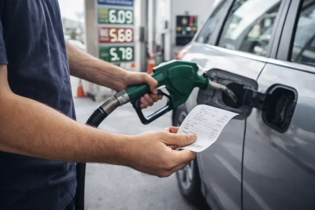 Pessoa abastecendo carro em posto de combustível enquanto segura recibo, representando custos operacionais para quem ganha dinheiro com carro