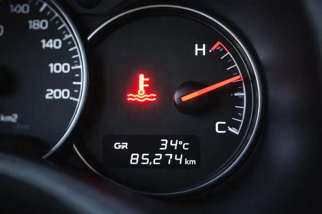 Luz de temperatura do motor acesa no painel do carro indicando superaquecimento