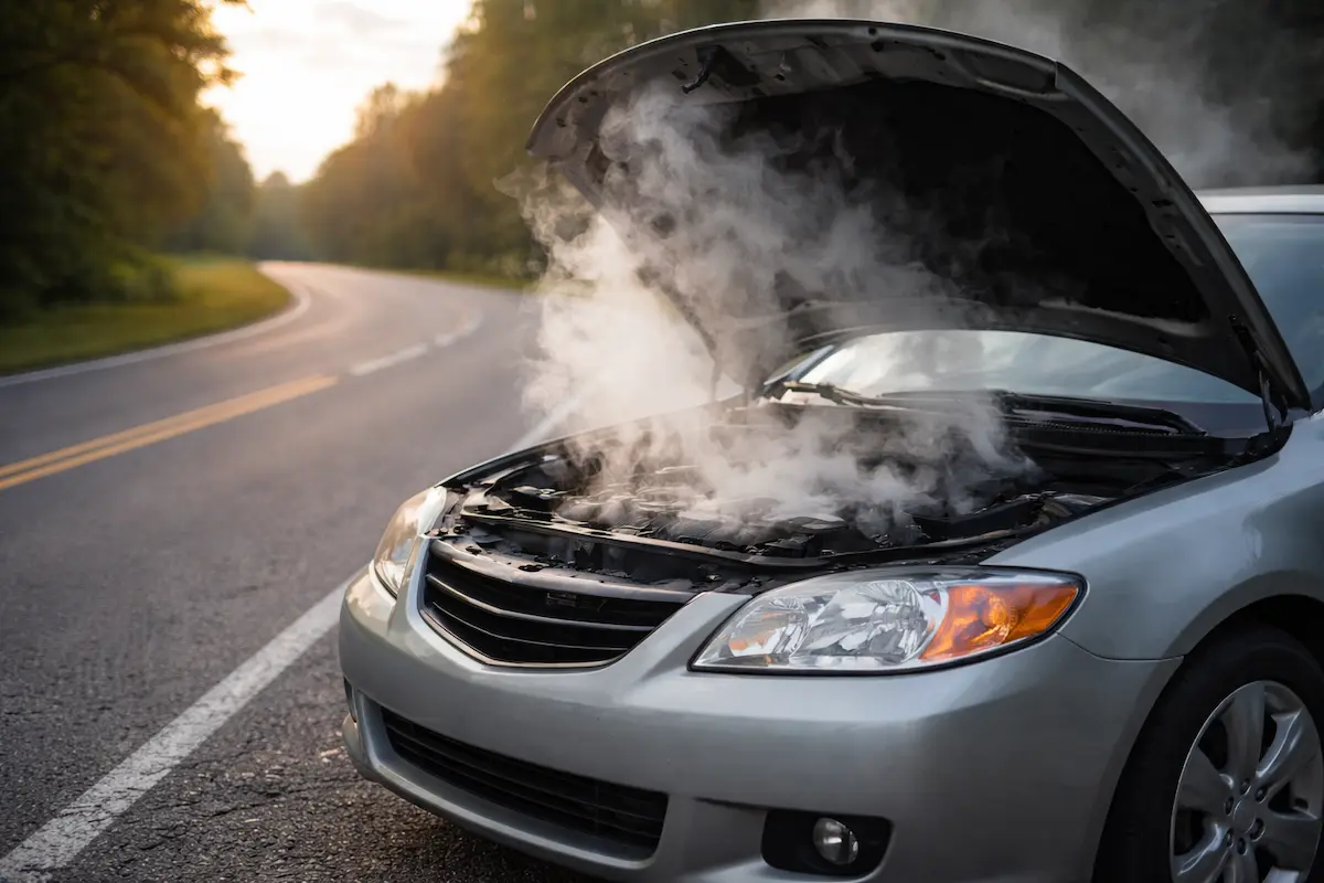Carro com capô aberto e fumaça saindo do motor indicando possível superaquecimento