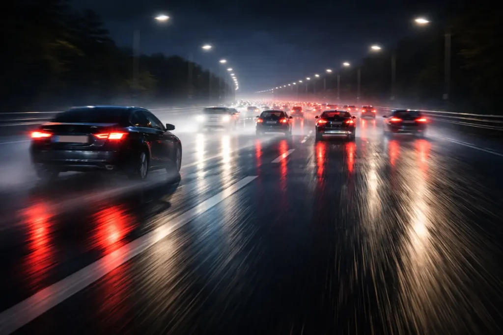 Rodovia noturna molhada com carros em movimento rápido, luzes refletindo no asfalto e baixa visibilidade, representando risco por velocidade no trânsito