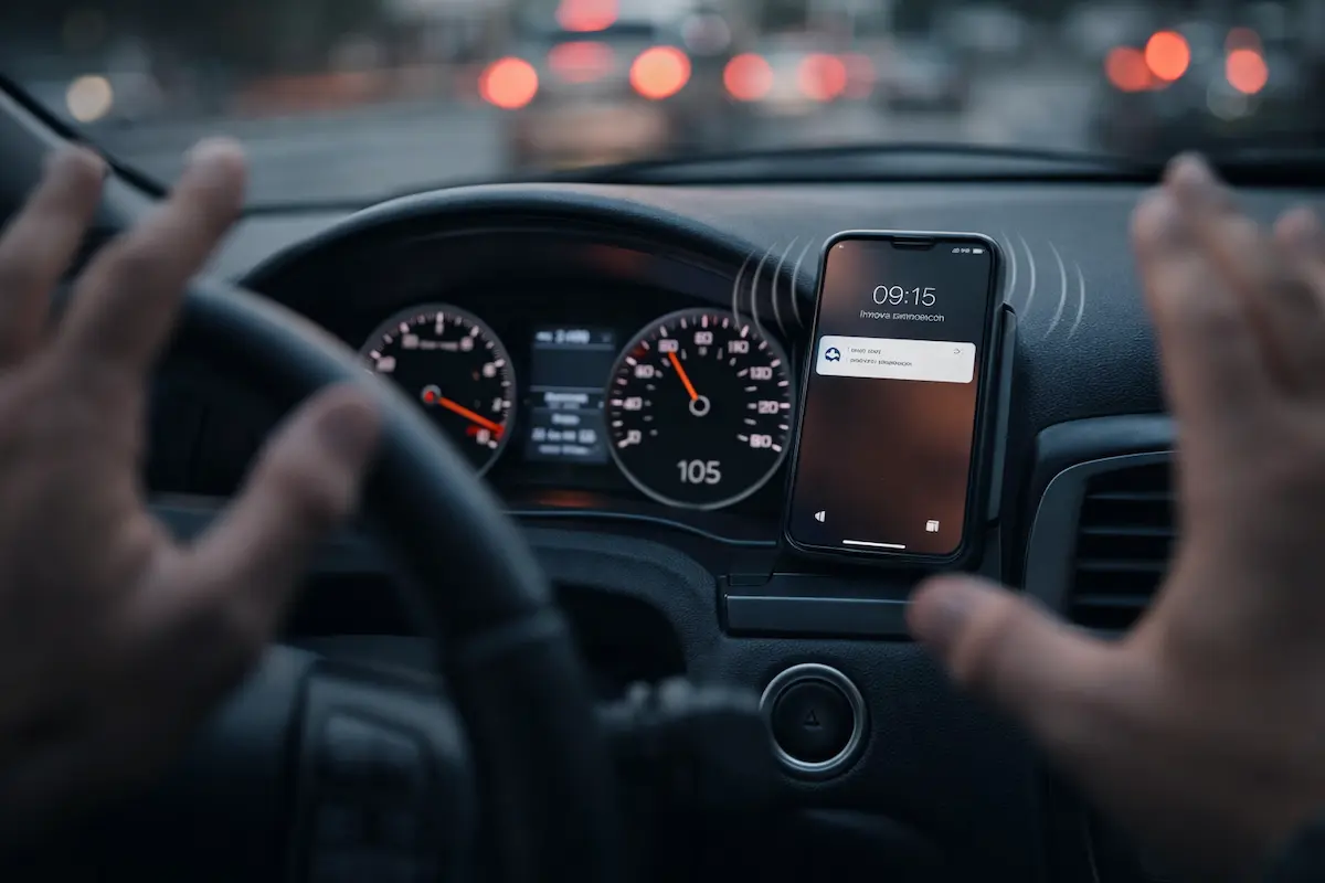 Motorista observando o painel do carro durante a condução no trânsito