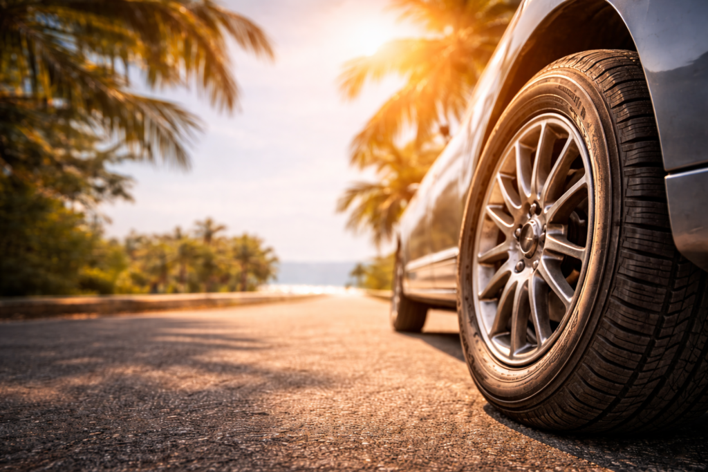 pneu de carro em estrada com asfalto quente sob sol forte, close-up da banda de rodagem em dia de calor