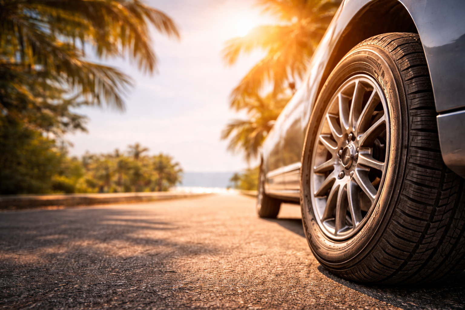 pneu de carro em estrada com asfalto quente sob sol forte, close-up da banda de rodagem em dia de calor