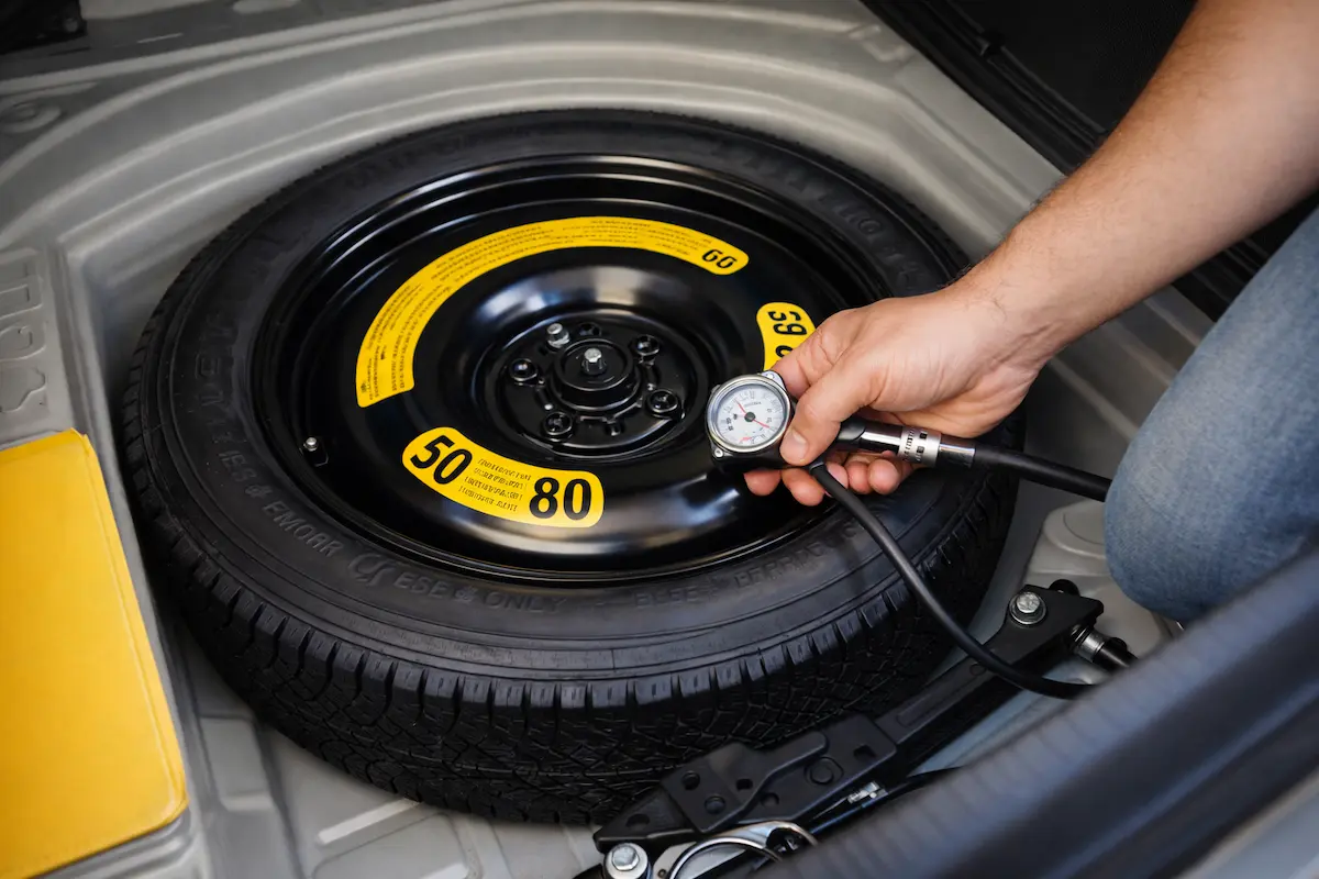 Instalação de estepe temporário em carro durante troca de pneu