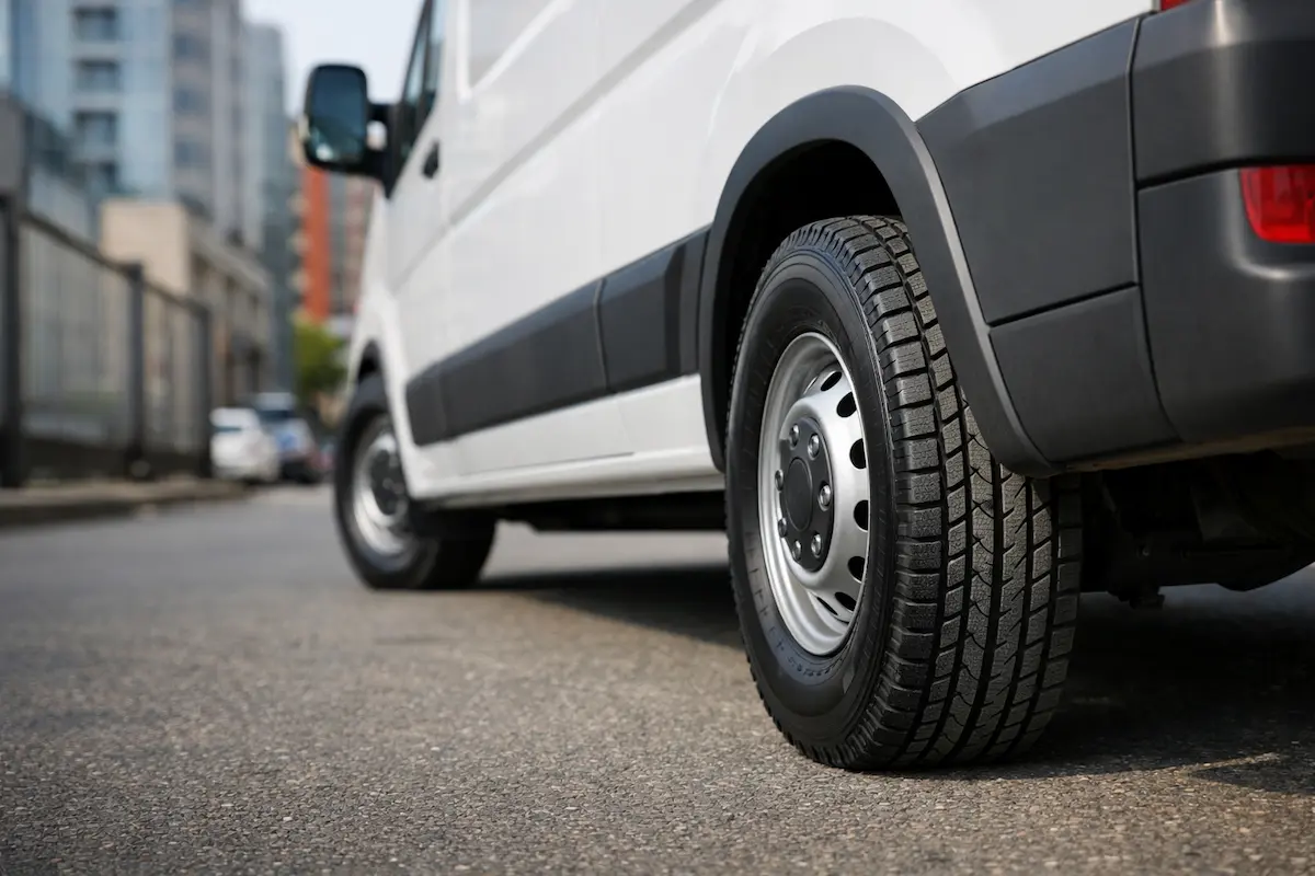 Pneu de van utilitária em destaque mostrando resistência para uso urbano e carga