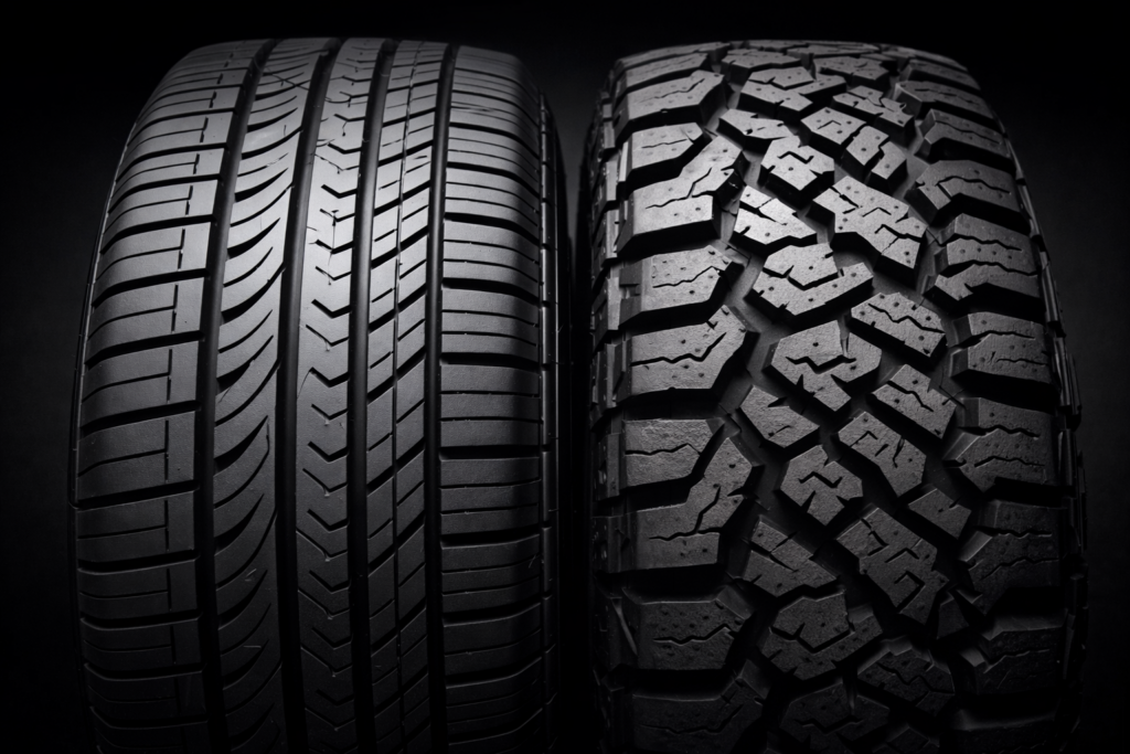 Comparação entre pneu on-road e pneu off-road para picape com destaque na banda de rodagem