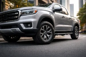 Picape moderna estacionada em ambiente urbano com foco nos pneus on-road