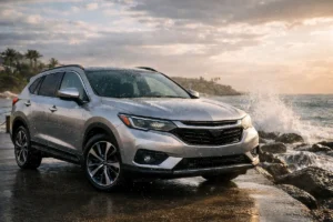 Carro moderno estacionado na beira da praia com ondas ao fundo e partículas de maresia no ar durante o pôr do sol.