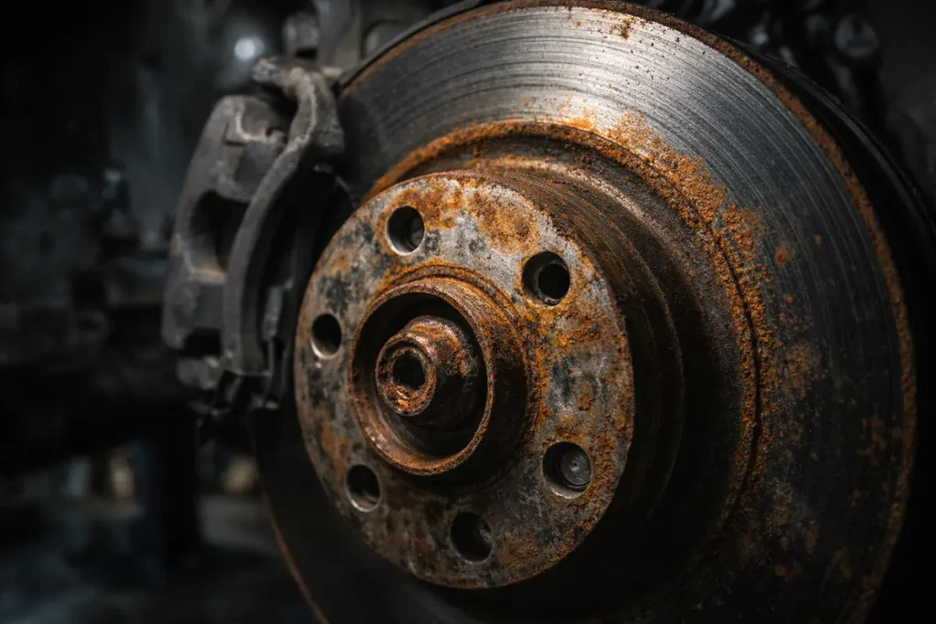 Disco de freio automotivo com sinais iniciais de ferrugem causada por maresia, close técnico detalhado mostrando oxidação na superfície metálica e nos parafusos centrais, textura realista do metal corroído.